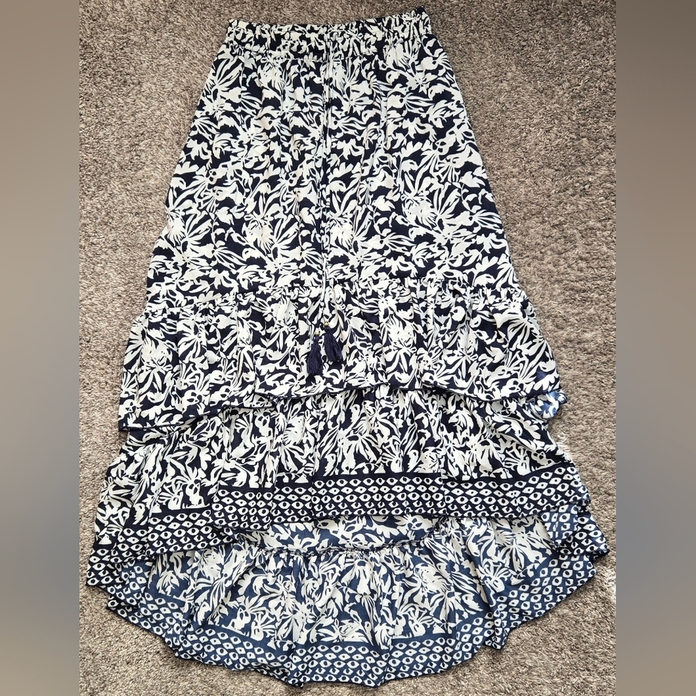 Masala Navy And White Print Tiered High-Low Women's Skirt Size Small